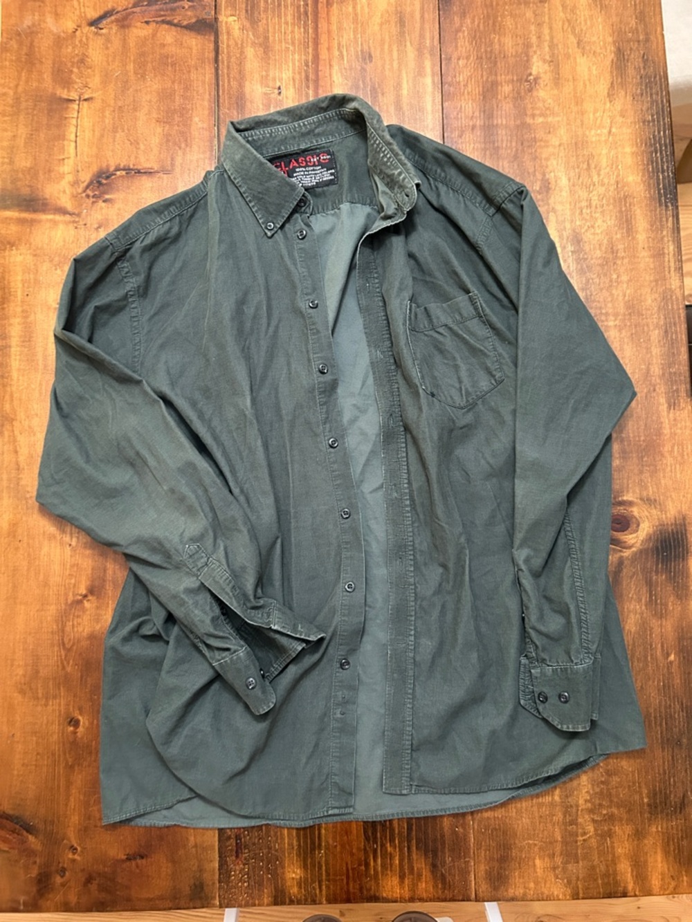 100% Cotton Classic Button-Up Long Sleeve Olive Green Mens 2XL Shirt with Pocket
